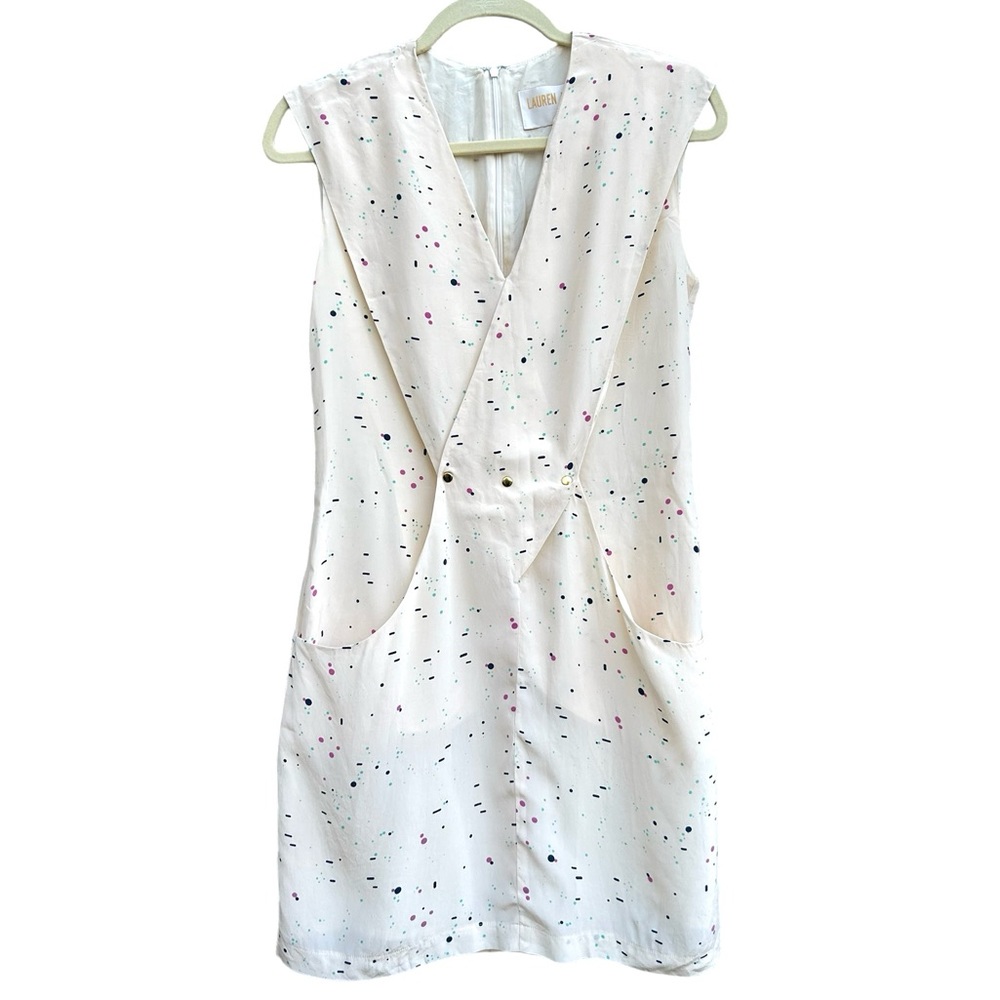 Lauren Moffatt Anthropologie Silk Bib Geometric Pattern Cream V-Neck Dress Sz 8